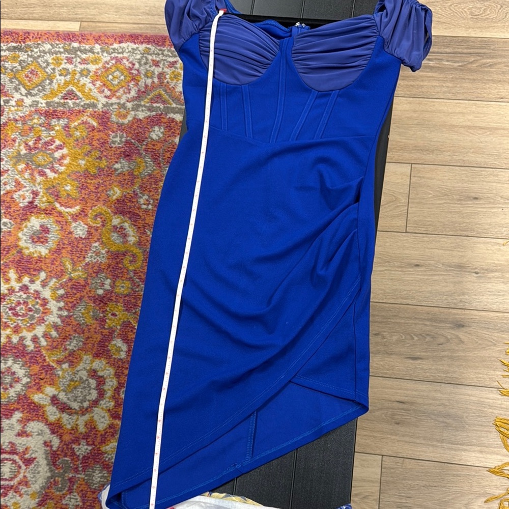 Bluebell Collection Blue Ruched Asymmetrical Mini Dress - Picture 6 of 6